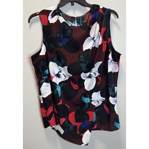 Lord & Taylor Blouse Top Women's 2X Faux Wrap Sleeveless Blk Burgundy White Red